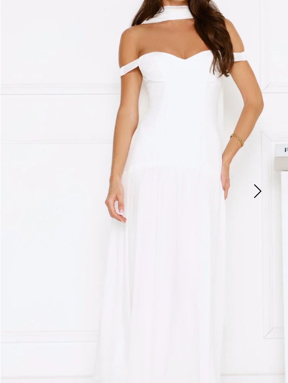 Off-Shoulder White Maxi Dress with Scarf Detail